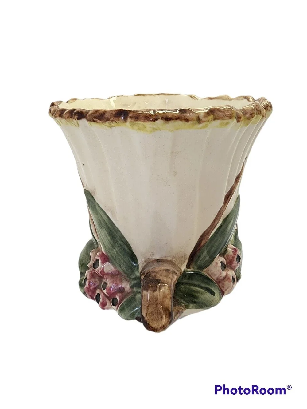 Vintage McCoy Ceramic Cream Decorative Lotus Teacup Planter Green Leaf Accent